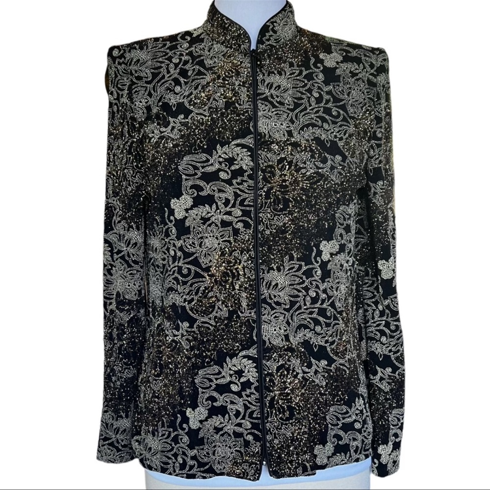 Jeanne Alexander Medium Vtg Zip front jacket gold metallic sparkle Shoulder pads - Picture 1 of 15